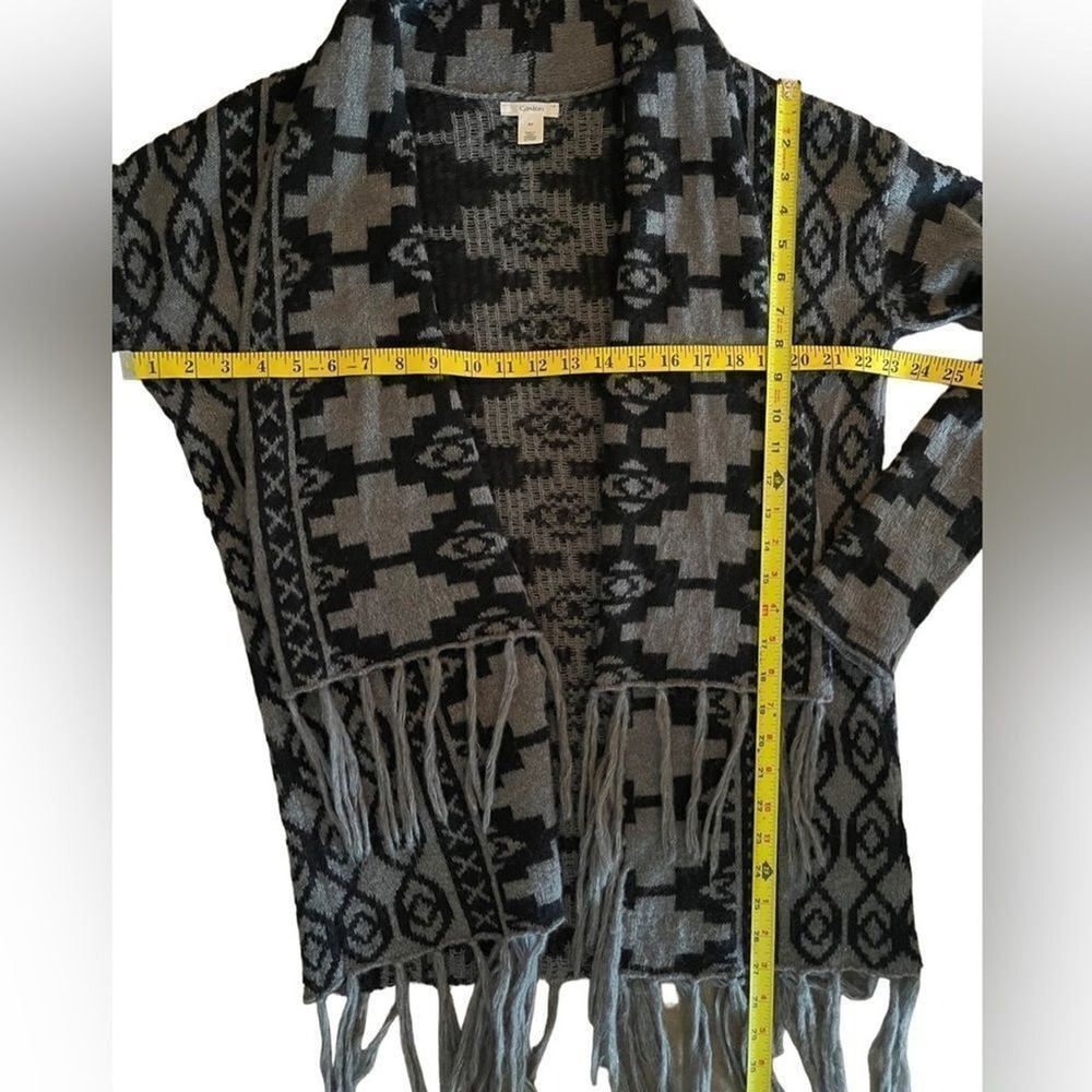 Caslon Women Cardigan Sweater Gray Black Geometric Fringe Open Front Size XS 327 - Picture 9 of 11